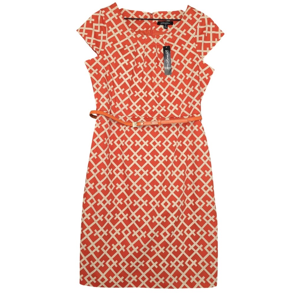 Eden Court Dress Womens 10 Orange White Trellis Sheath Belted Short Sleeve Lined
